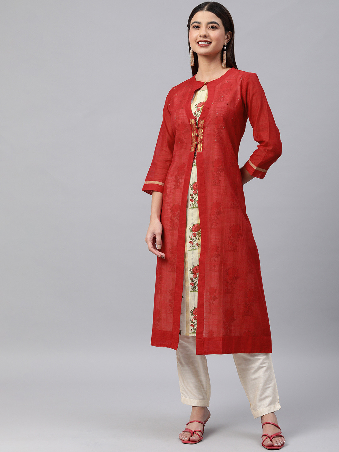 

araaliya Women Red Printed Thread Work Kurta