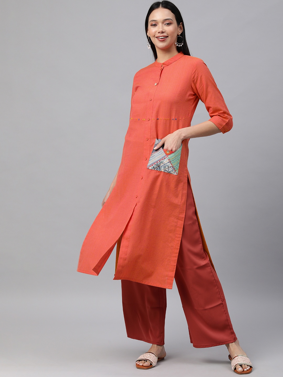 

araaliya Women Peach-Coloured Thread Work Kurta
