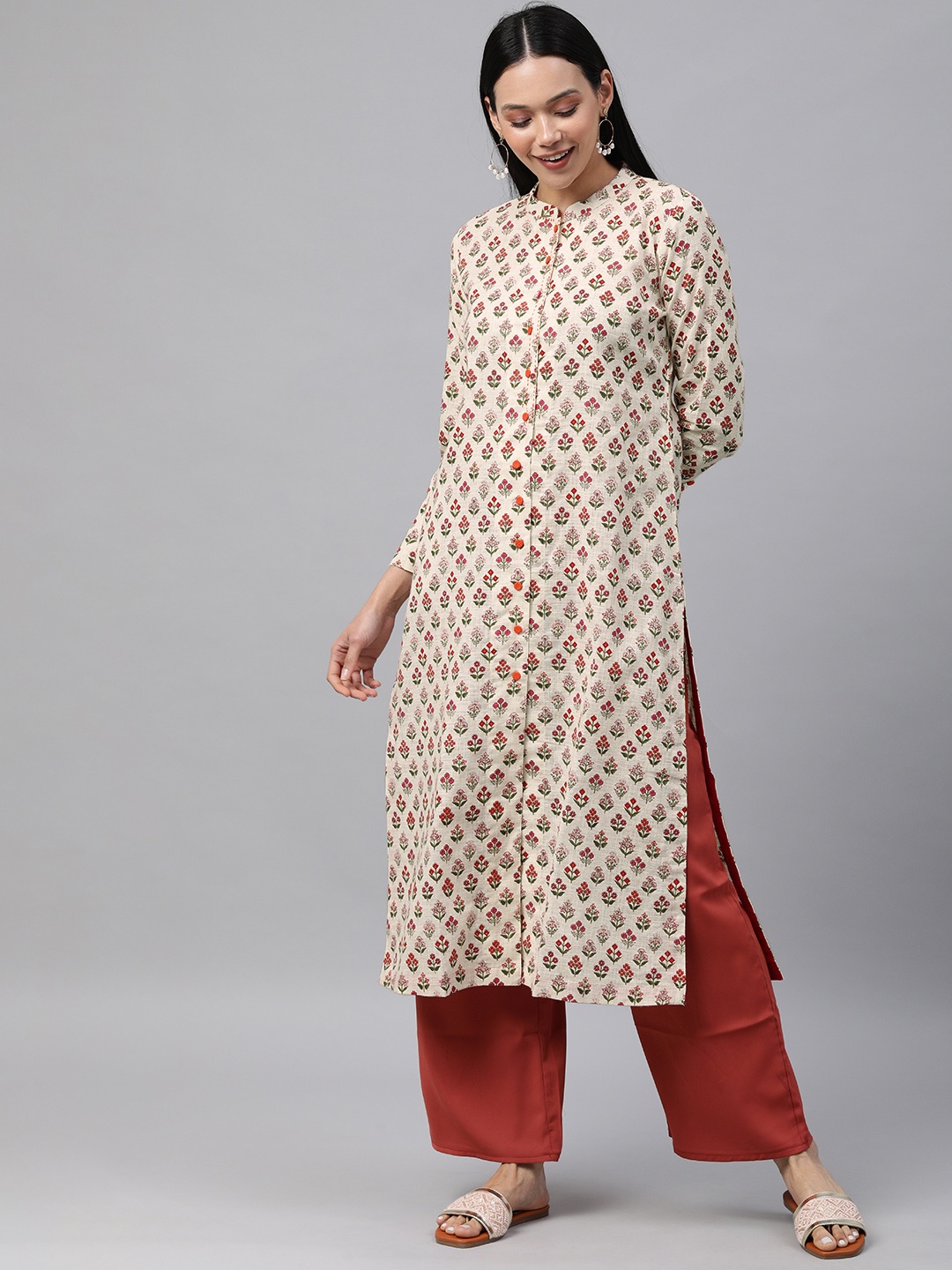 

araaliya Women Cream-Coloured Floral Printed Thread Work Kurta