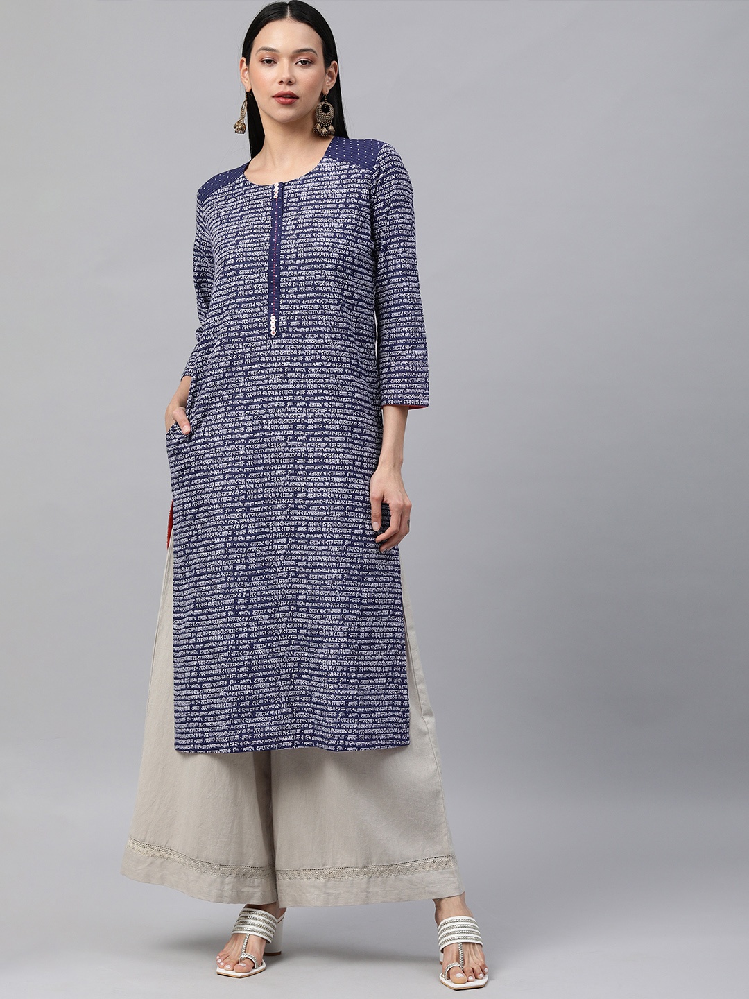 

araaliya Women Navy Blue Ethnic Motifs Printed Thread Work Kurta