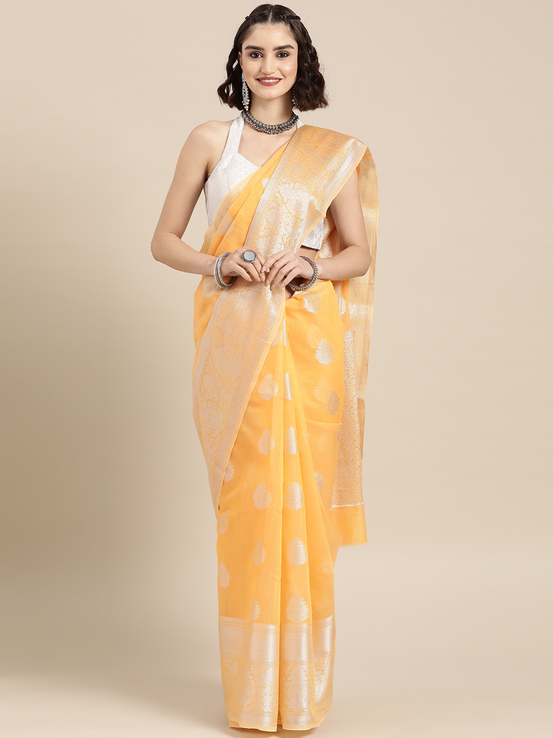 

BharatSthali Orange & Silver-Toned Woven Design Banarasi Saree