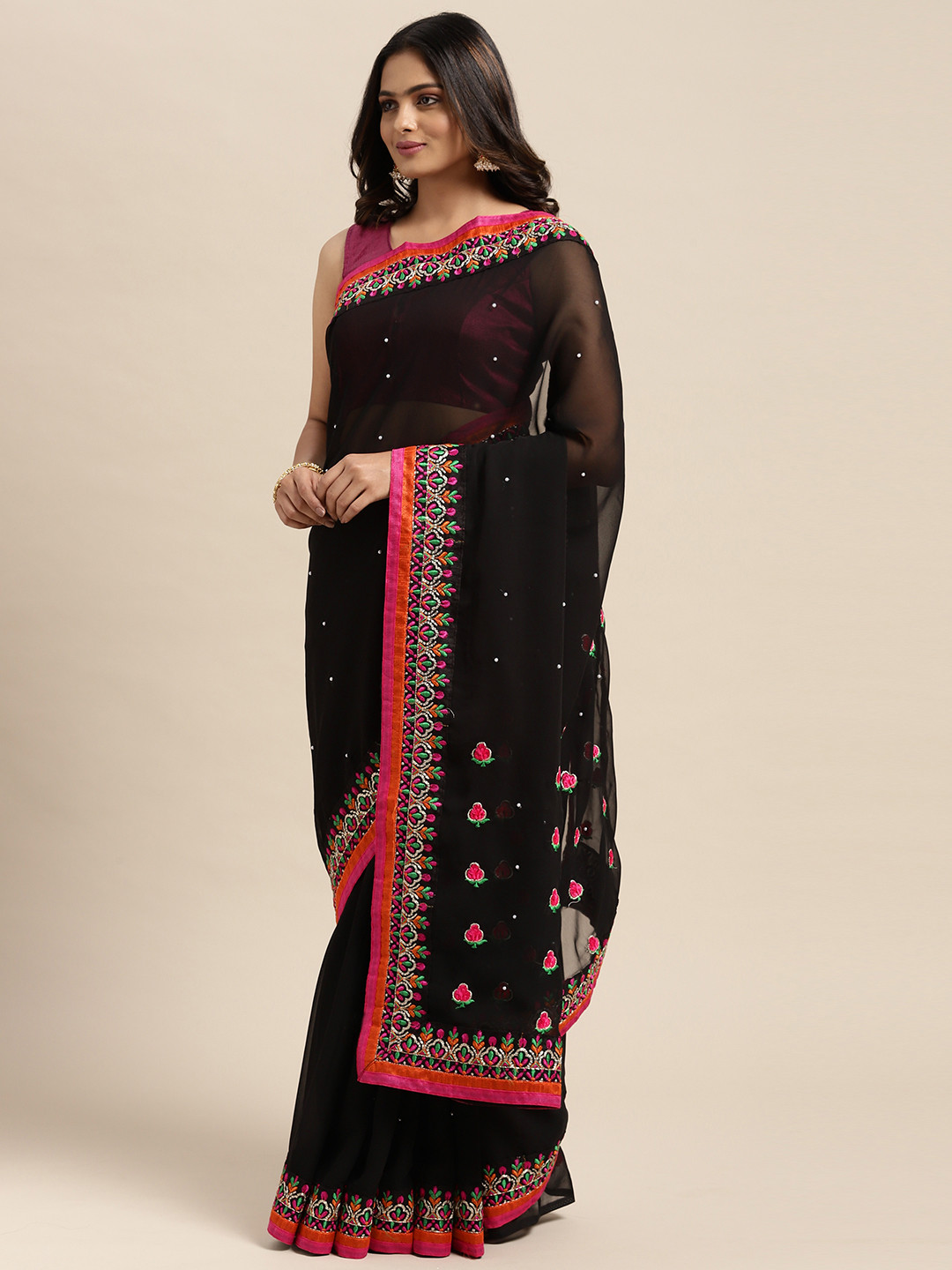 

Sugathari Black & Pink Embellished Embroidered Saree