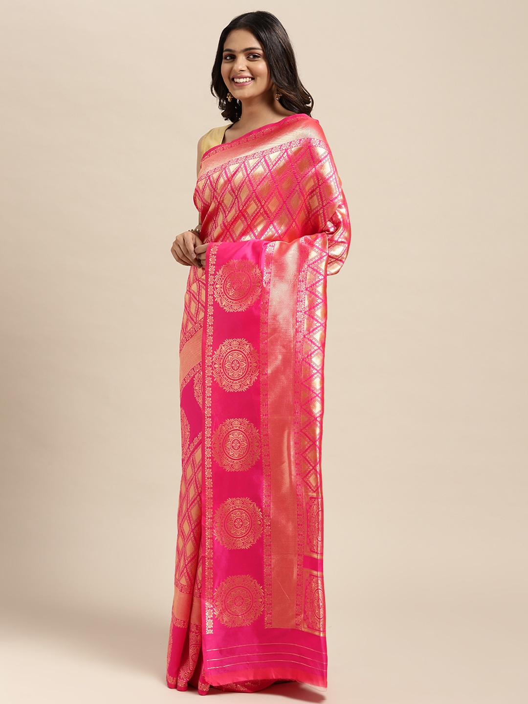 

Sugathari Pink & Gold-Toned Woven Design Silk Blend Kanjeevaram Saree