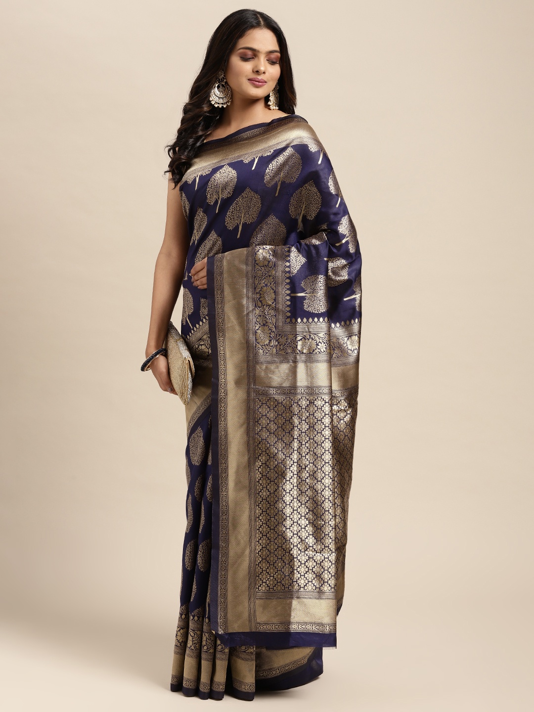 

Sugathari Navy Blue Woven Design Silk Blend Banarasi Saree