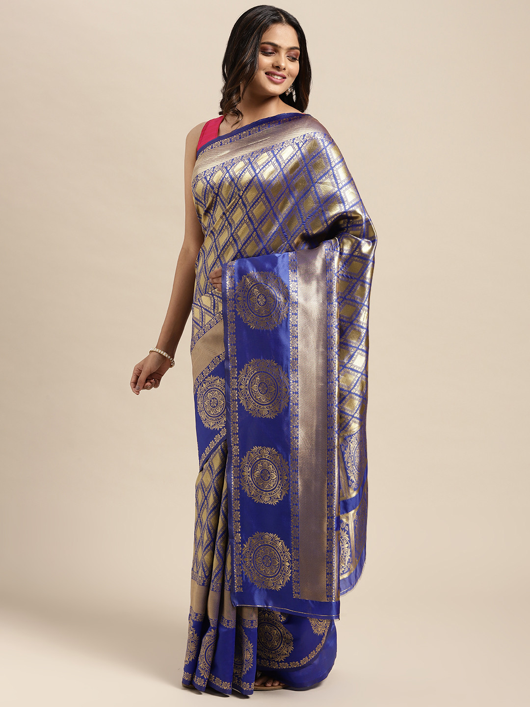 

Sugathari Blue Woven Design Silk Blend Kanjeevaram Saree