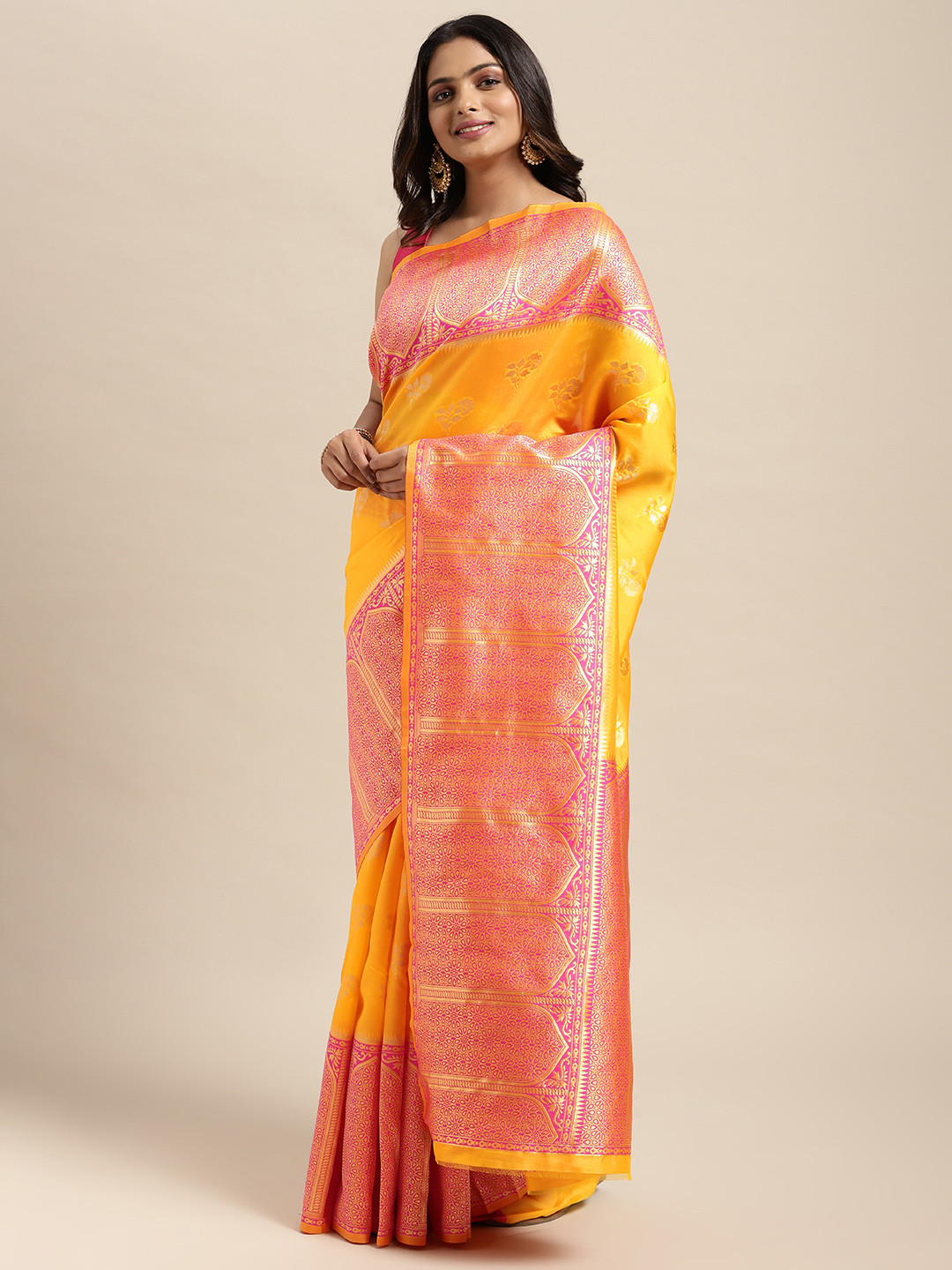 

Sugathari Yellow & Pink Woven Design Silk Blend Kanjeevaram Saree