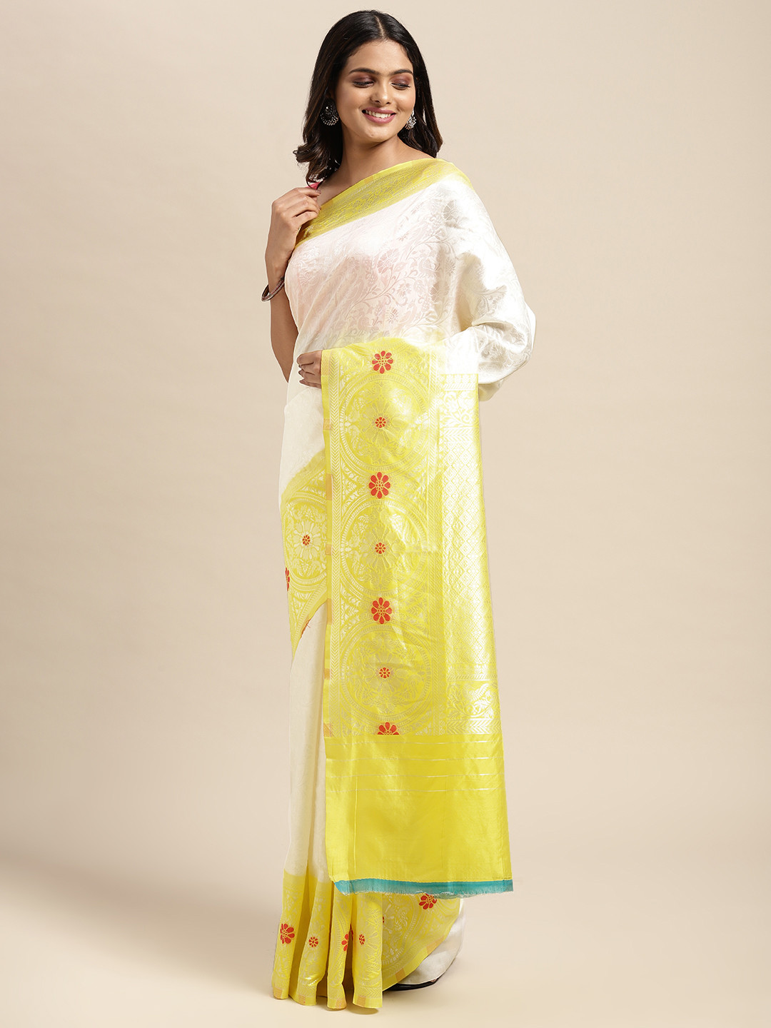 

Sugathari White & Yellow Woven Design Silk Blend Banarasi Saree
