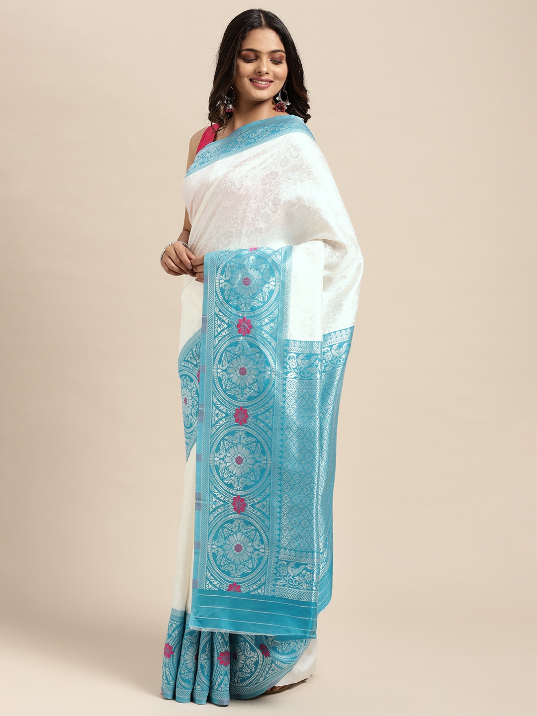 

Sugathari White & Teal Woven Design Silk Blend Banarasi Saree