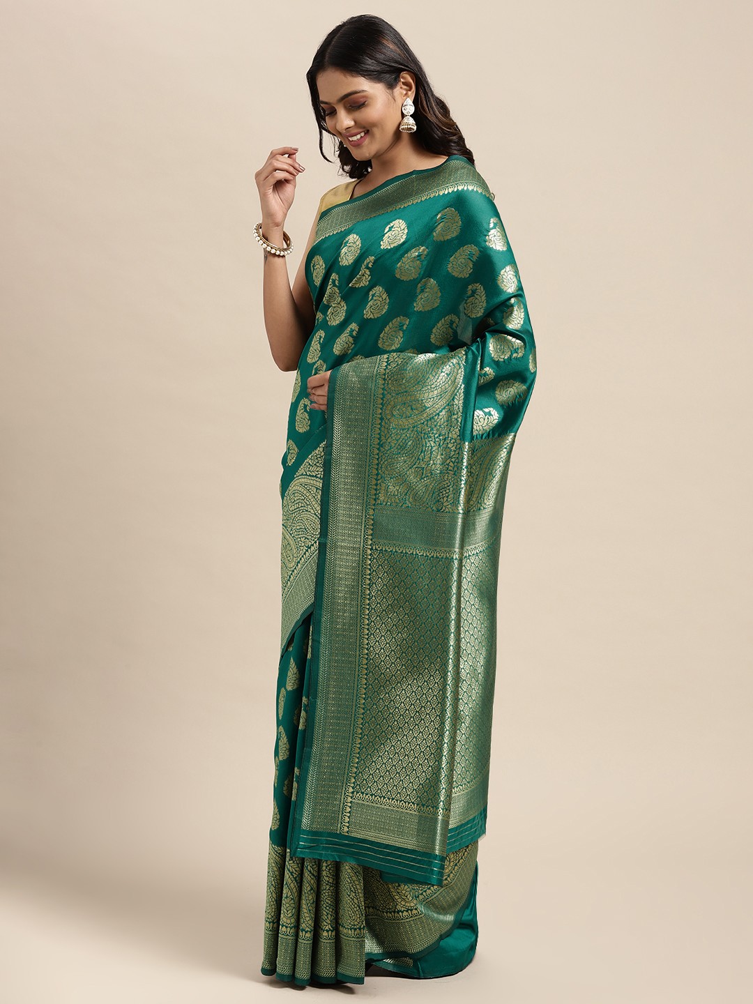 

Sugathari Teal & Silver-Toned Woven Design Silk Blend Banarasi Saree