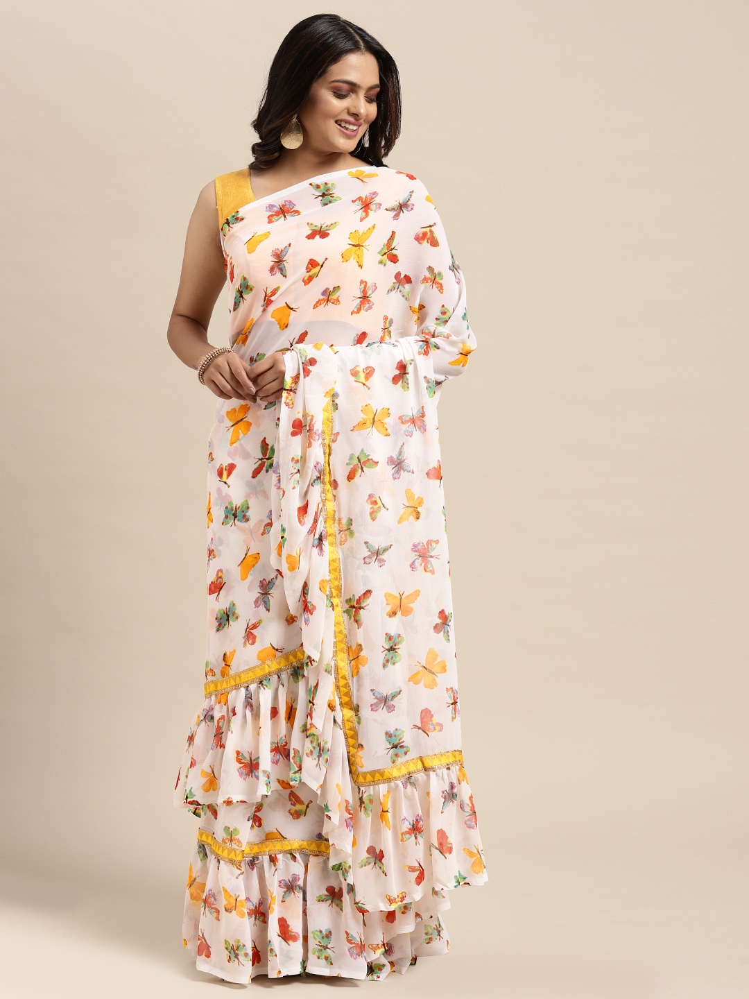 

Sugathari Yellow & White Embellished Saree