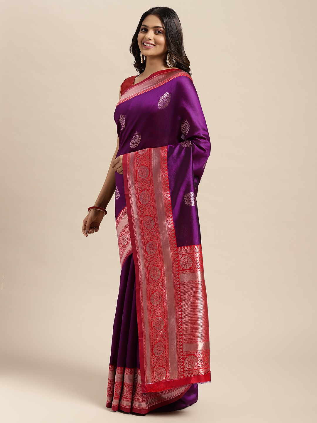 

Sugathari Purple & Red Woven Design Silk Blend Banarasi Saree