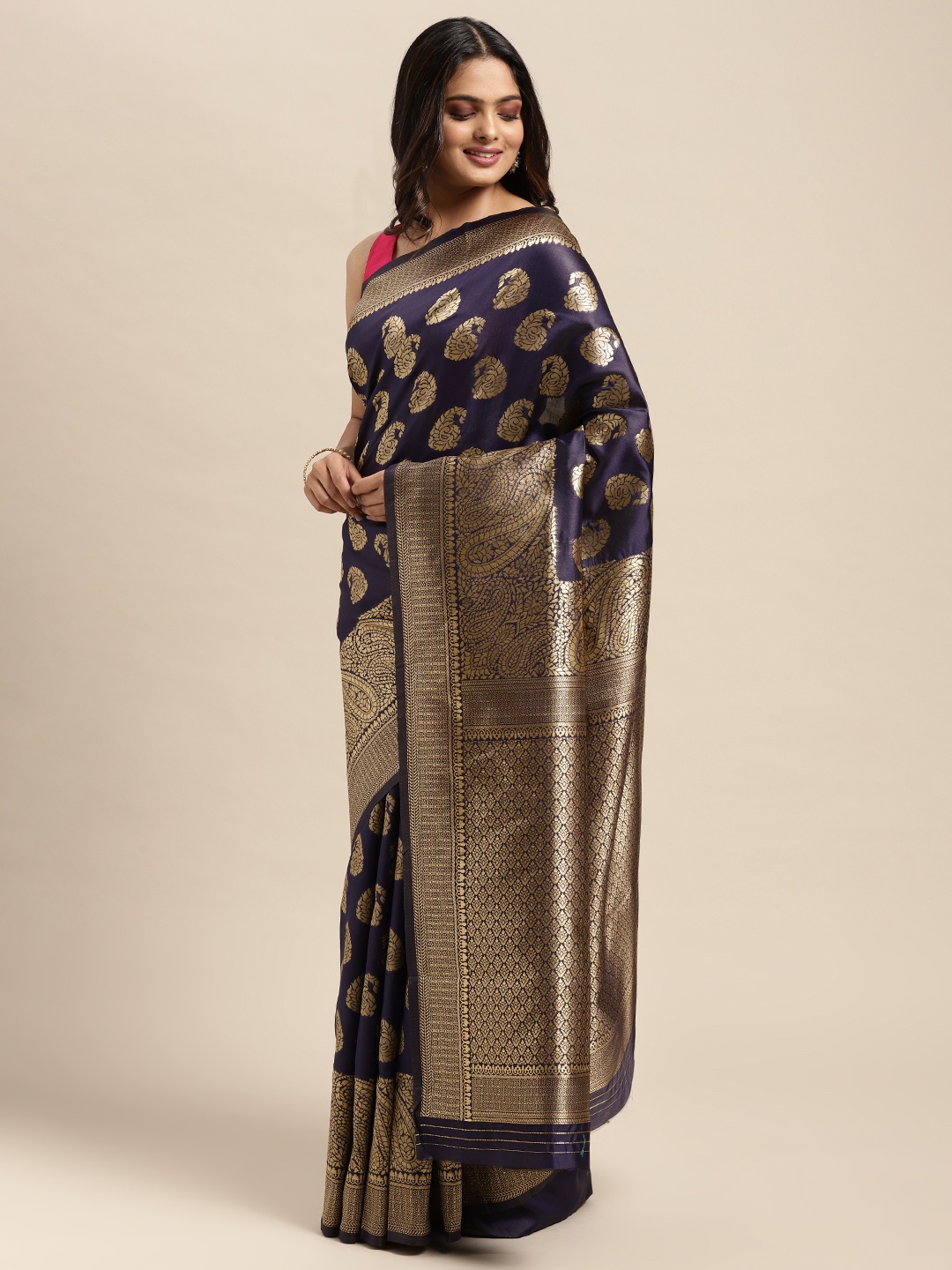 

Sugathari Navy Blue & Silver-Toned Woven Design Silk Blend Banarasi Saree