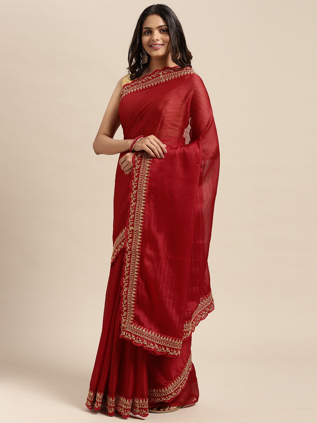 

Sugathari Maroon Embellished Embroidered Saree