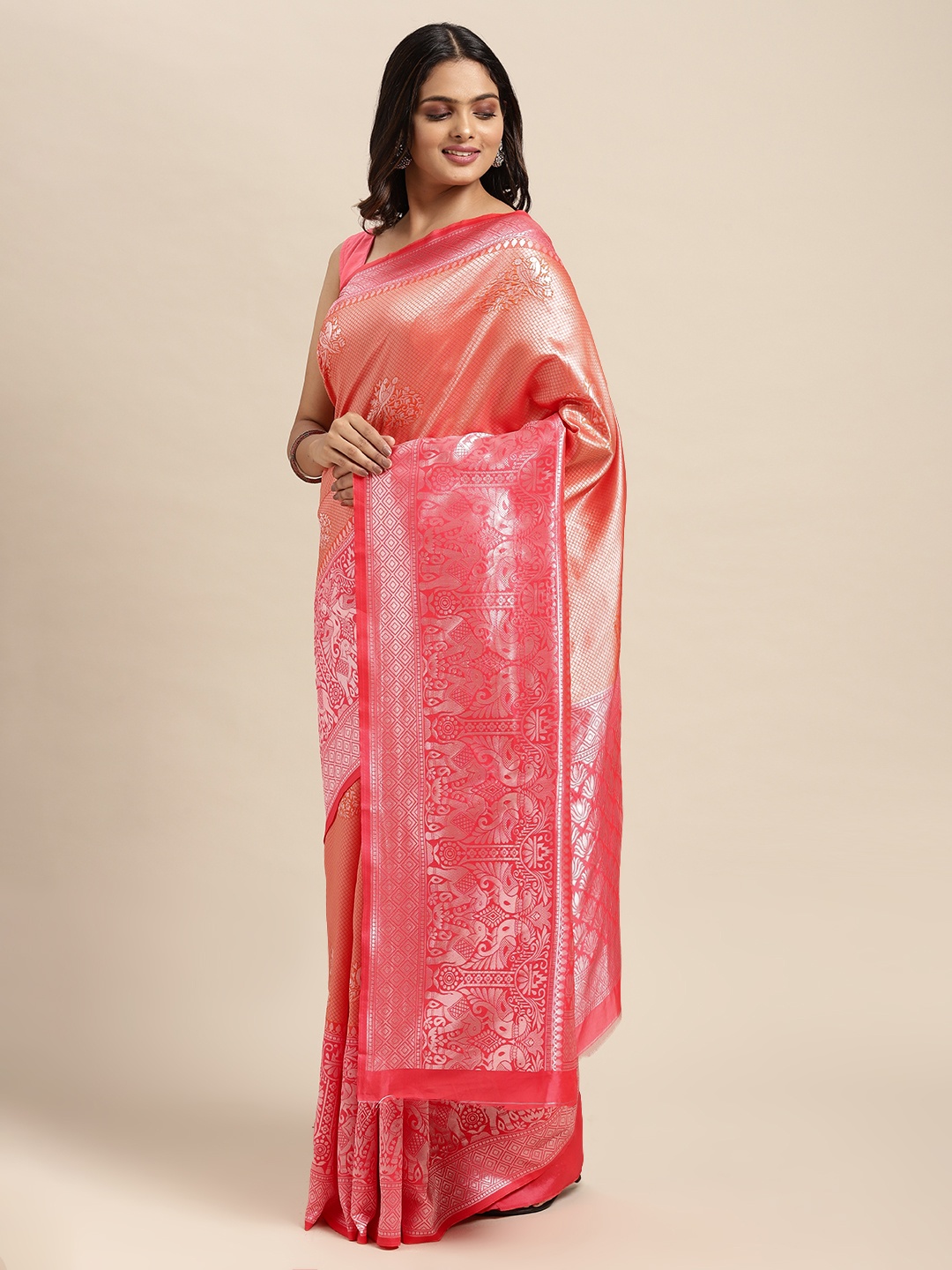 

Sugathari Peach-Coloured & Pink Woven Design Silk Blend Banarasi Saree