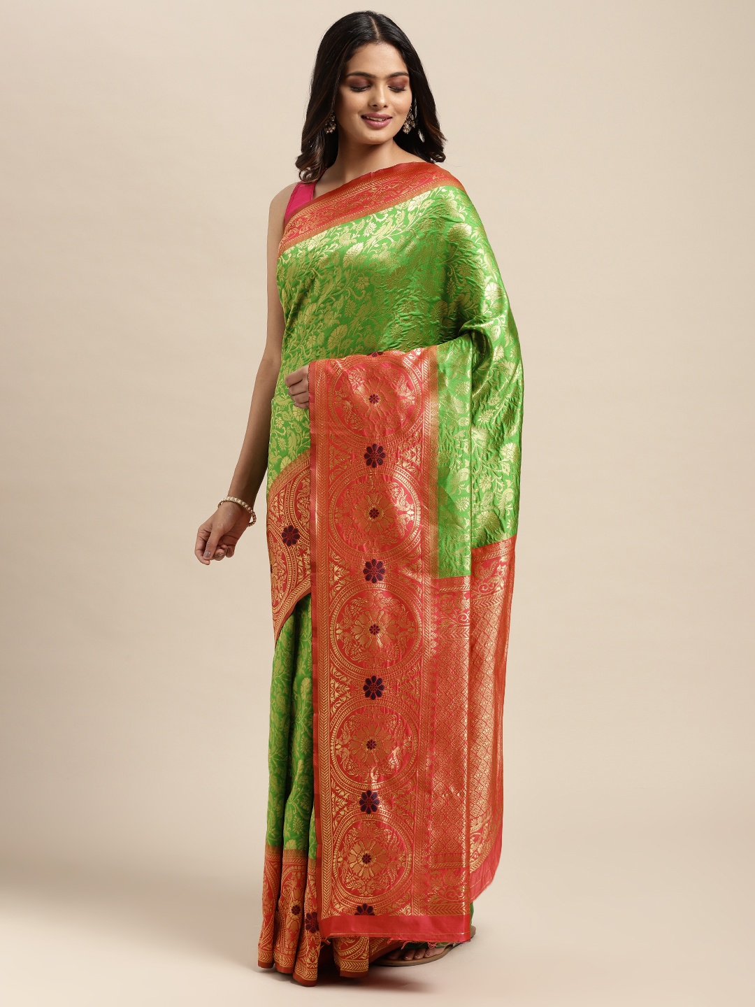 

Sugathari Green & Pink Woven Design Silk Blend Banarasi Saree