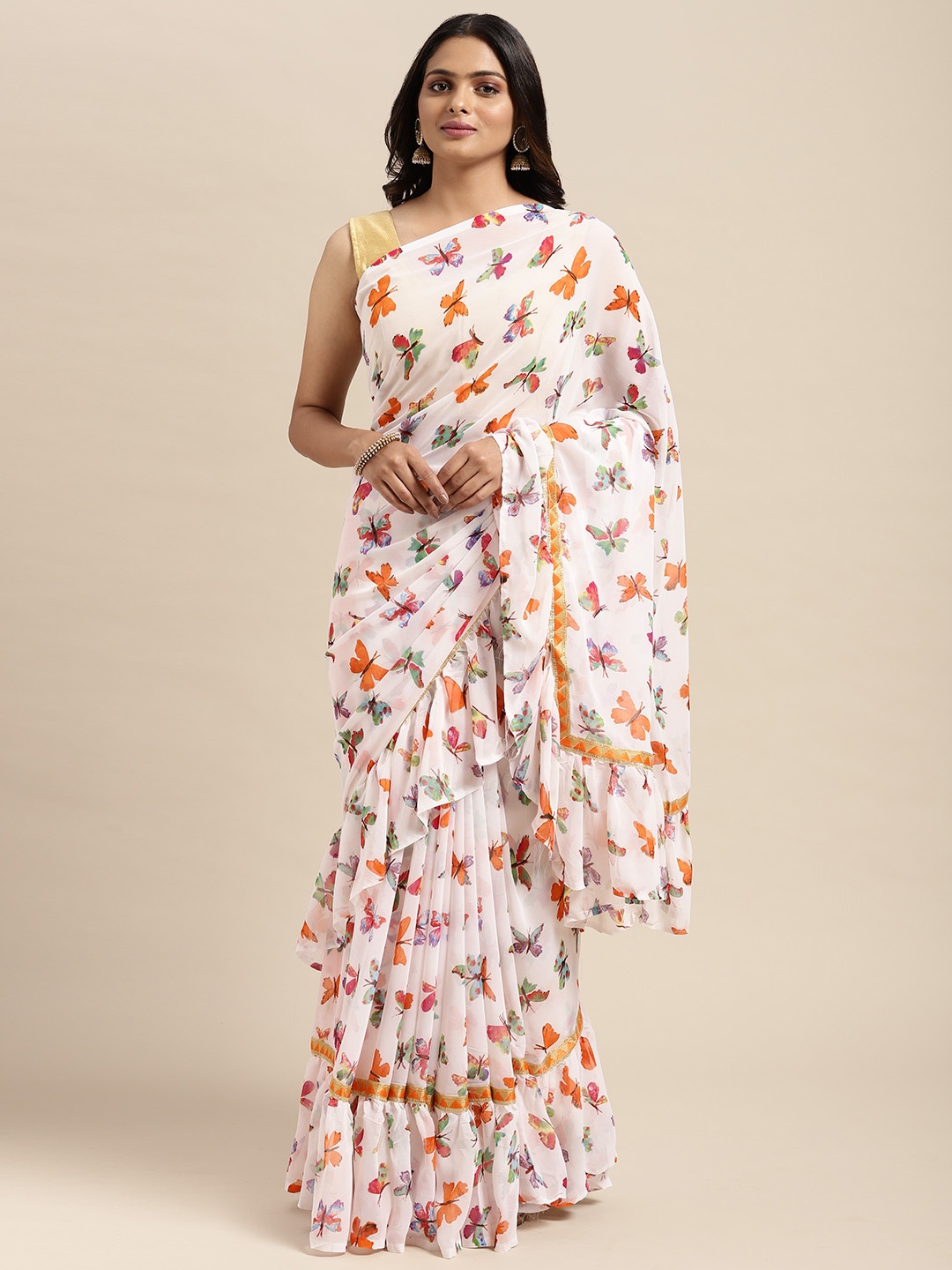 

Sugathari Orange & White Embellished Saree