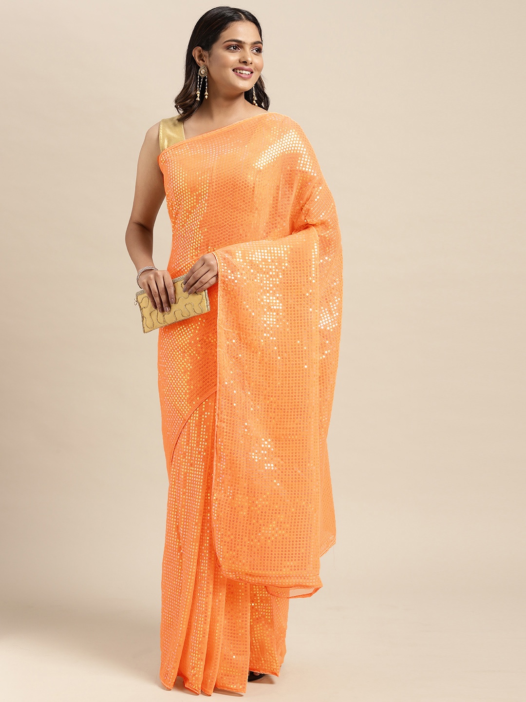 

Sugathari Peach-Coloured Embellished Sequinned Saree