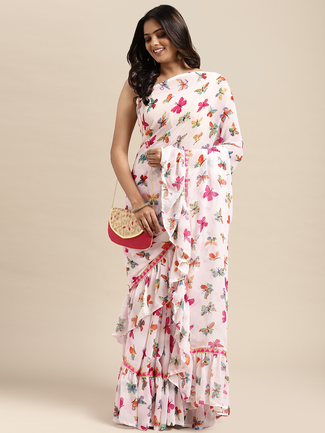 

Sugathari Pink & White Embellished Saree