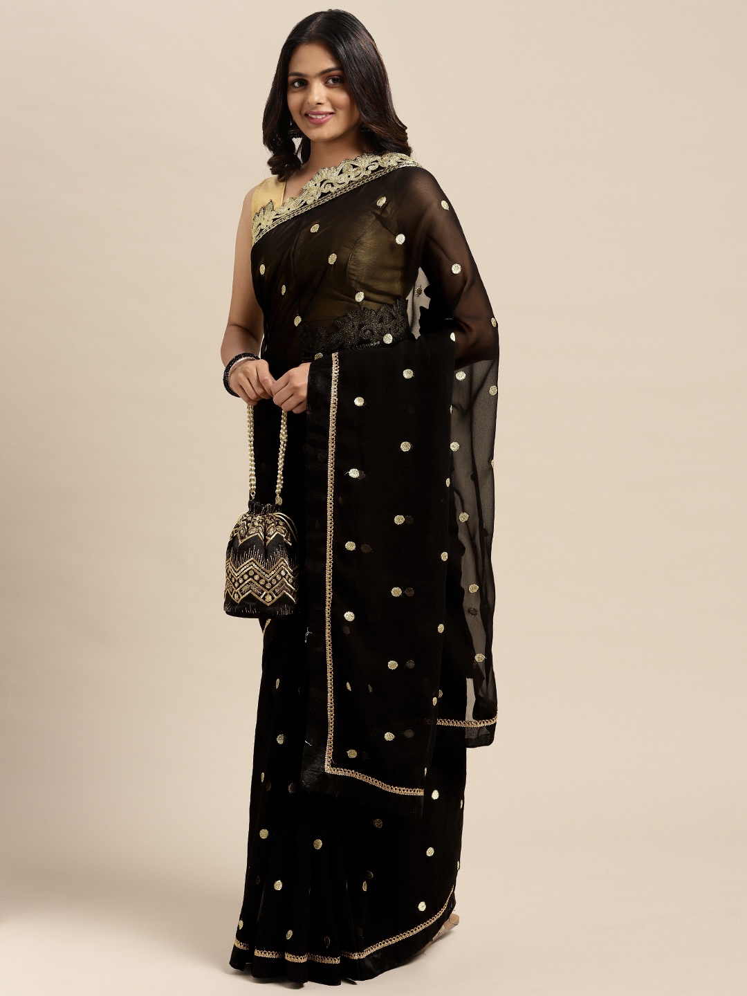 

Sugathari Black Embellished Embroidered Saree