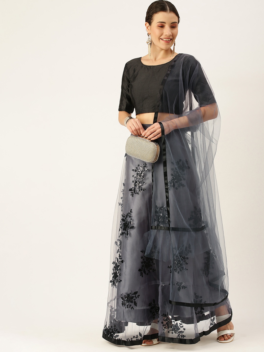 

Mameraa Grey & Black Sequinned Semi-Stitched Lehenga & Unstitched Blouse With Dupatta