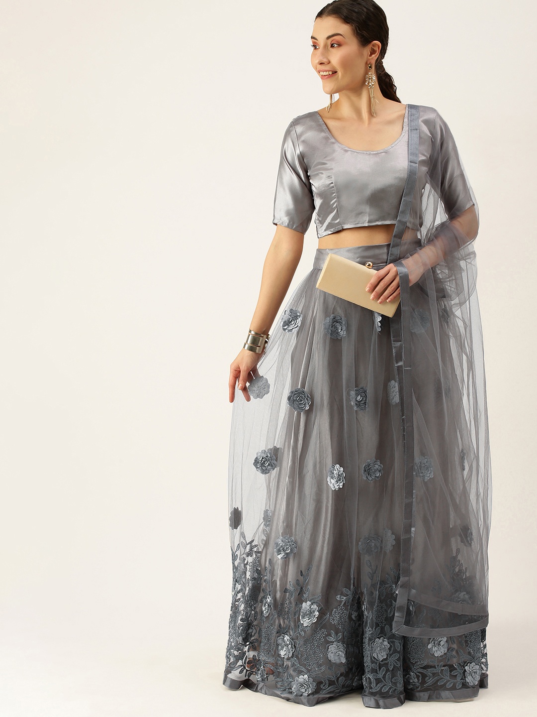 

Mameraa Grey Sequinned Semi-Stitched Lehenga & Unstitched Blouse With Dupatta