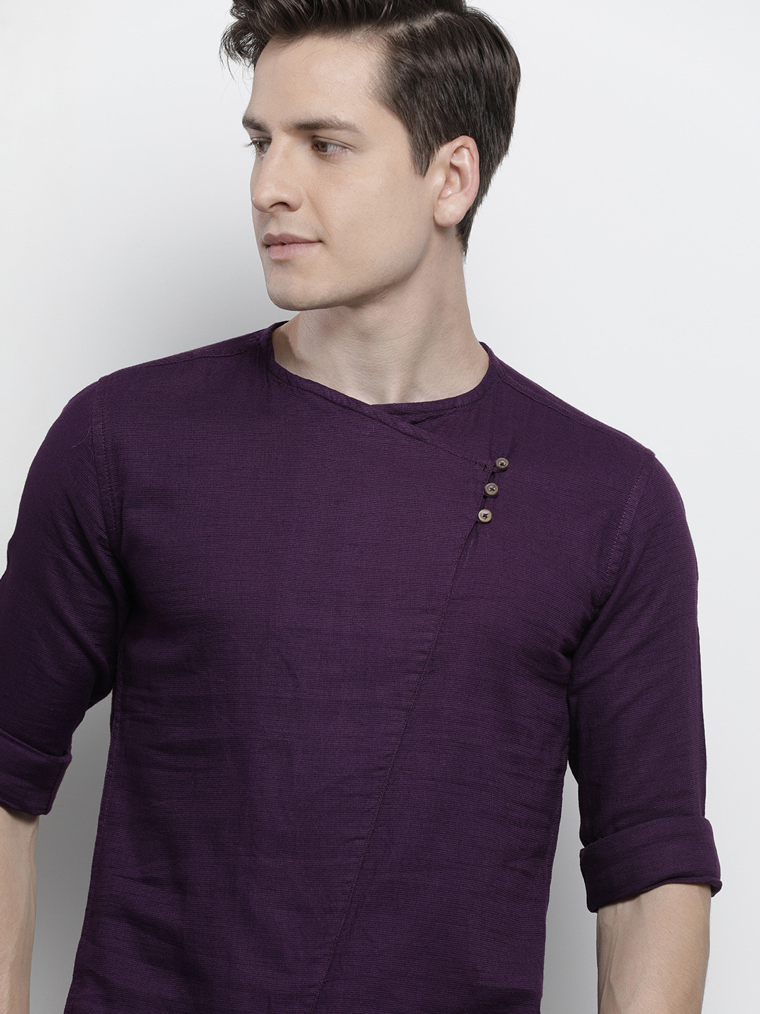 

The Indian Garage Co Men Purple Solid Angrakha Straight Kurta