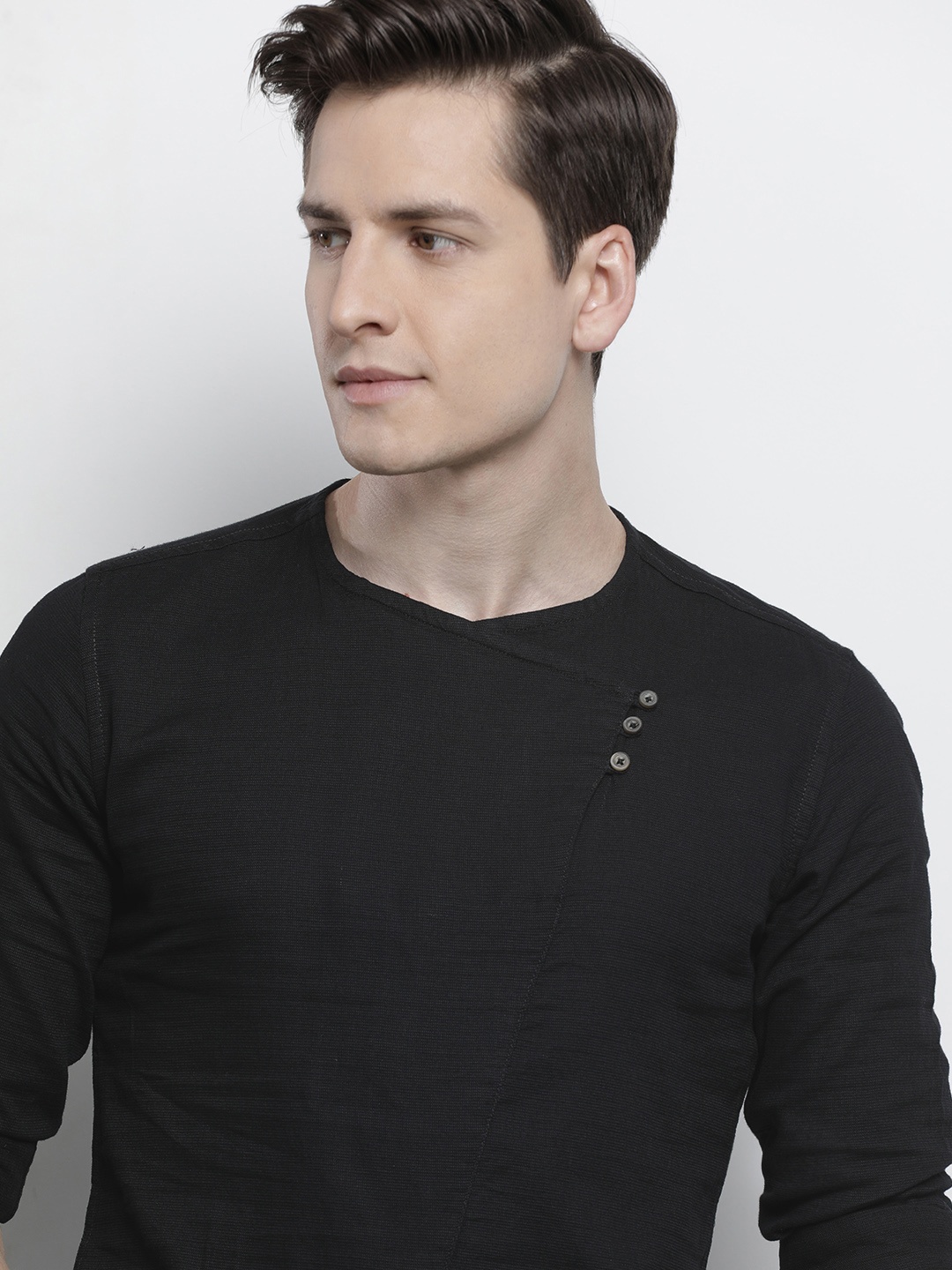 

The Indian Garage Co Men Black Solid Angrakha Straight Kurta