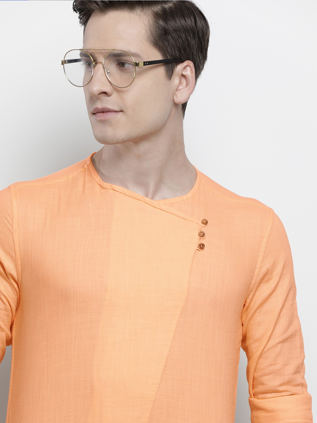 

The Indian Garage Co Men Peach-Coloured Solid Angrakha Straight Kurta