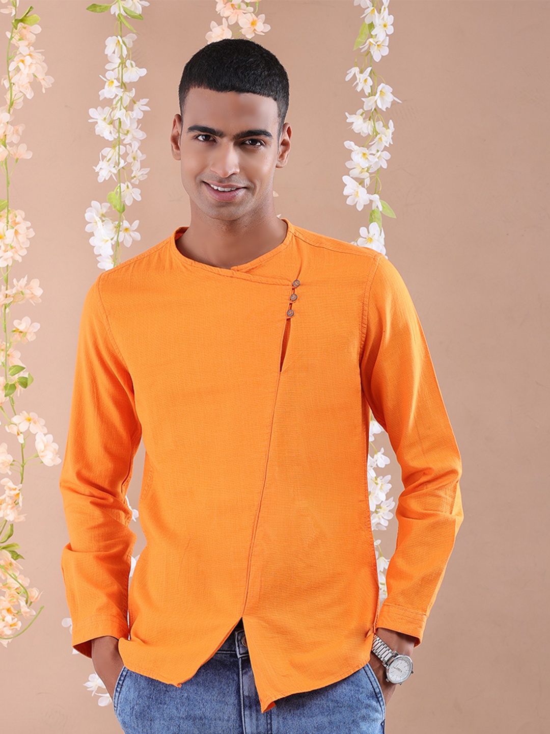 

The Indian Garage Co Men Orange Gotta Patti Floral Anarkali Kurta