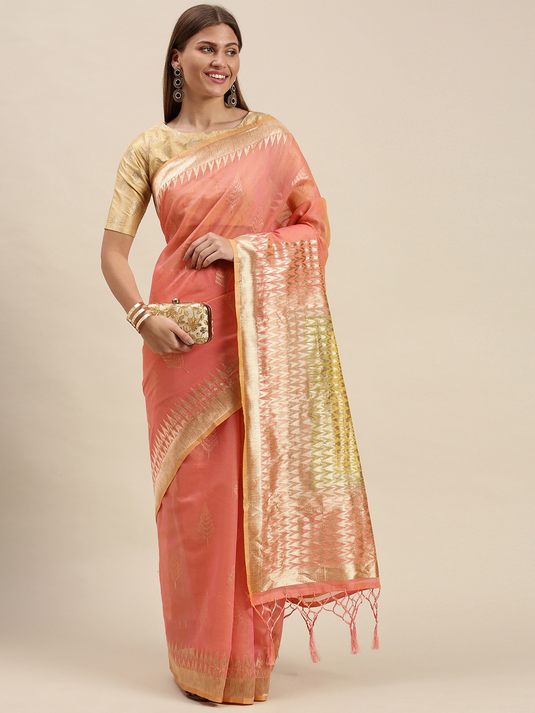 

cbazaar Pink & Gold-Toned Ethnic Motifs Saree