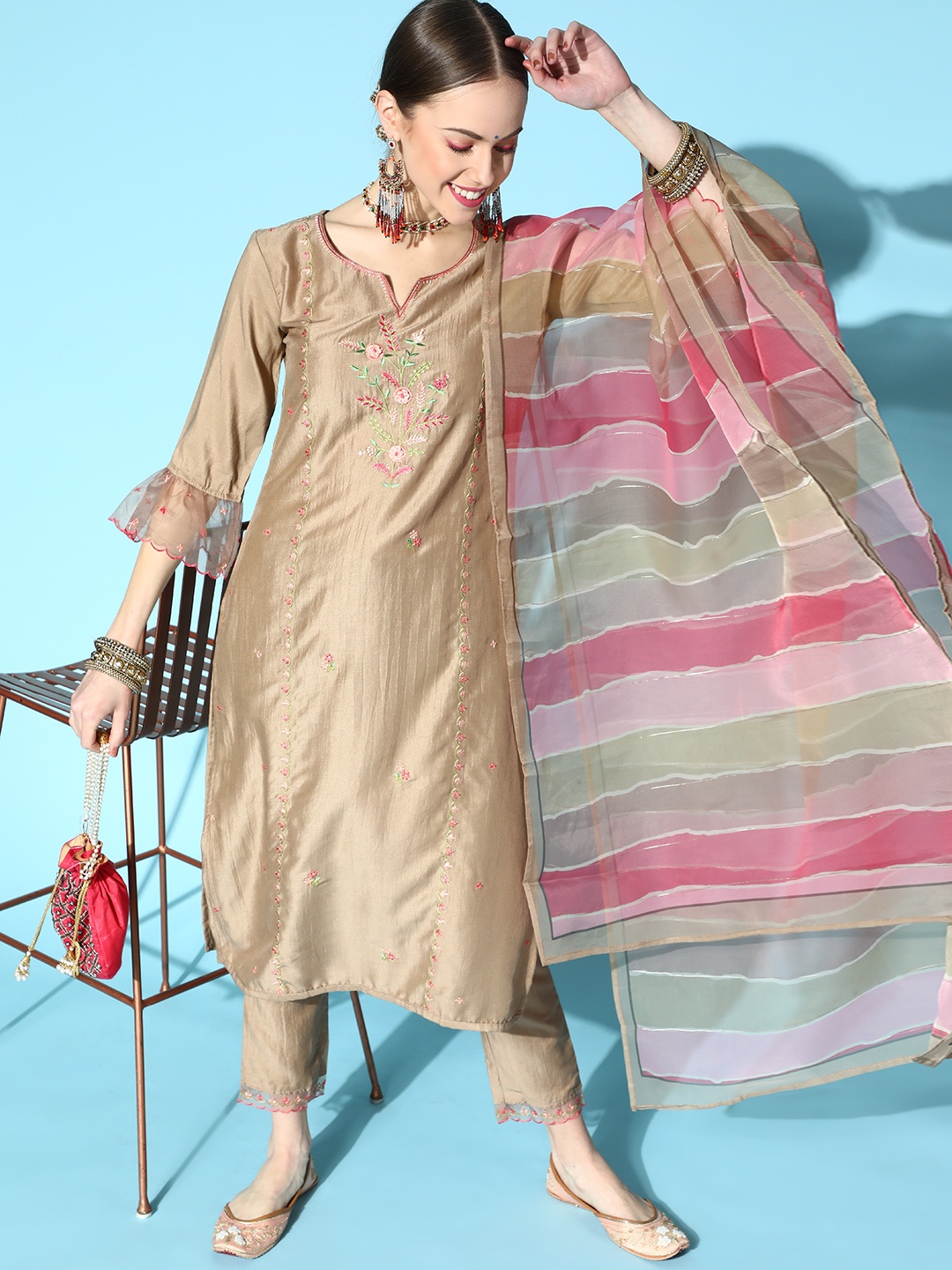 

Indo Era Beige Silk Blend Romantic Florals Kurta Set