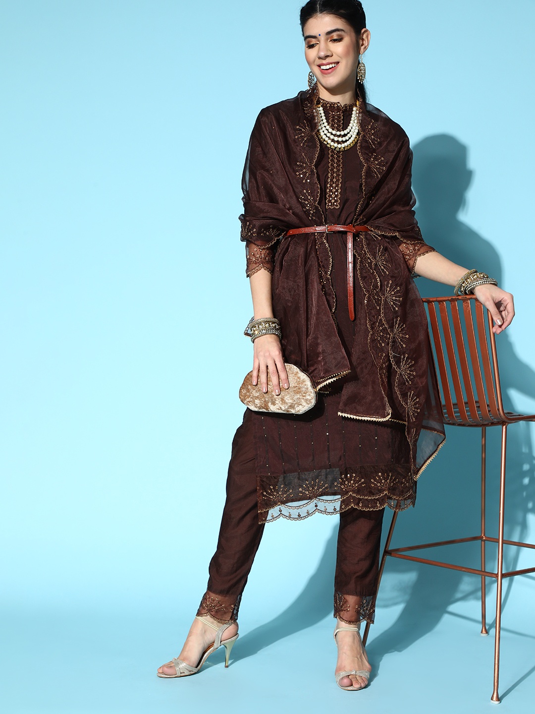 

Indo Era Coffee Brown Tussar Silk Scalloped Edge Kurta Set
