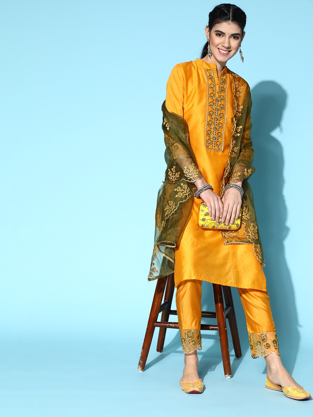 

Indo Era Floral Tussar Silk Kurta Set, Mustard