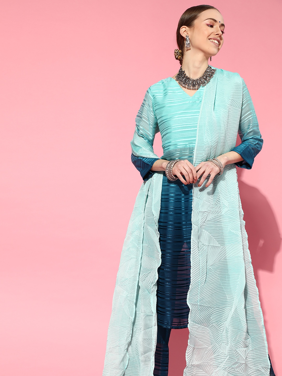 

Indo Era Striped Poly-Georgette Ombre Kurta Set, Blue