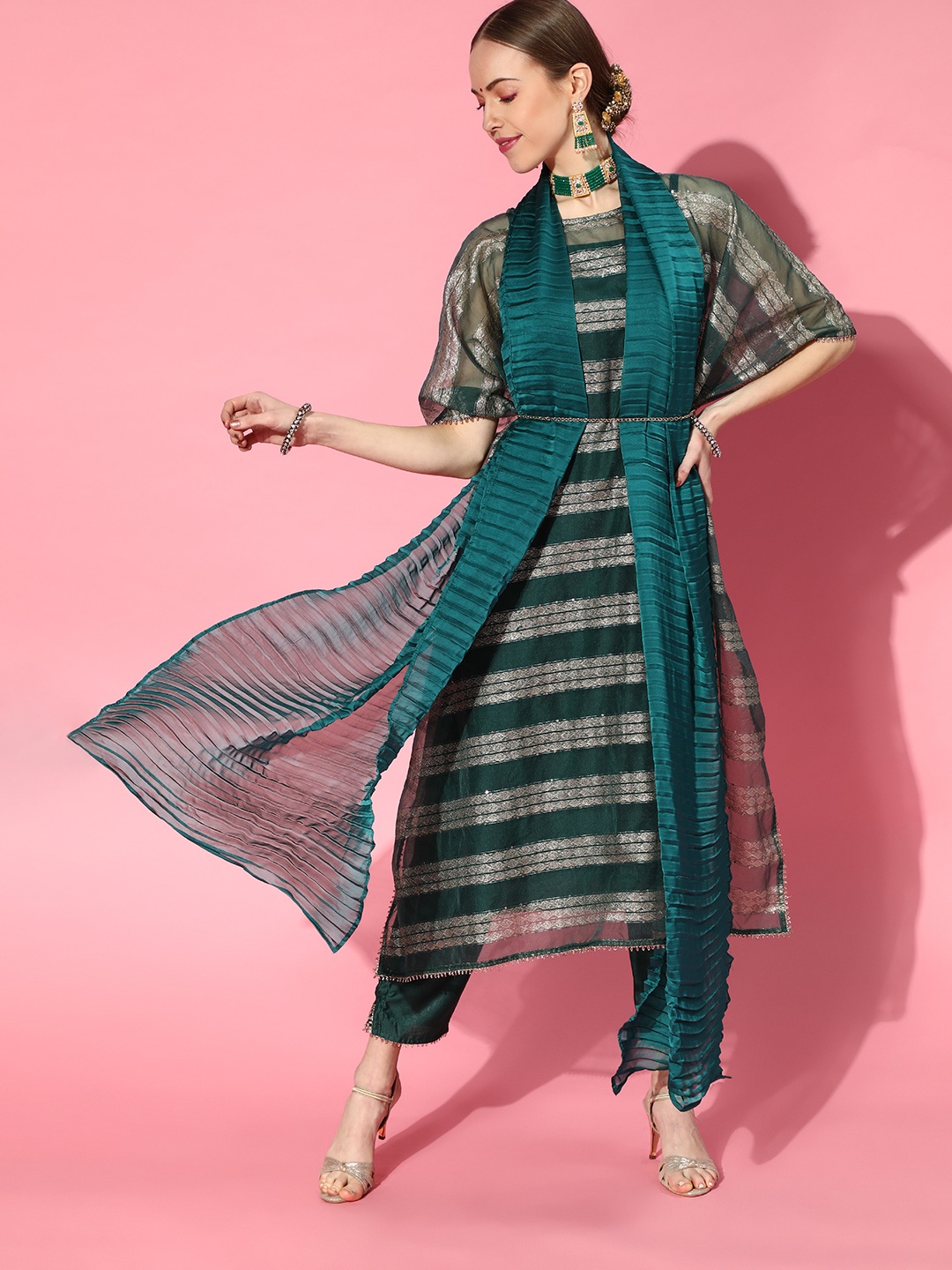 

Indo Era Teal Poly Georgette Kaftan Kurta Set