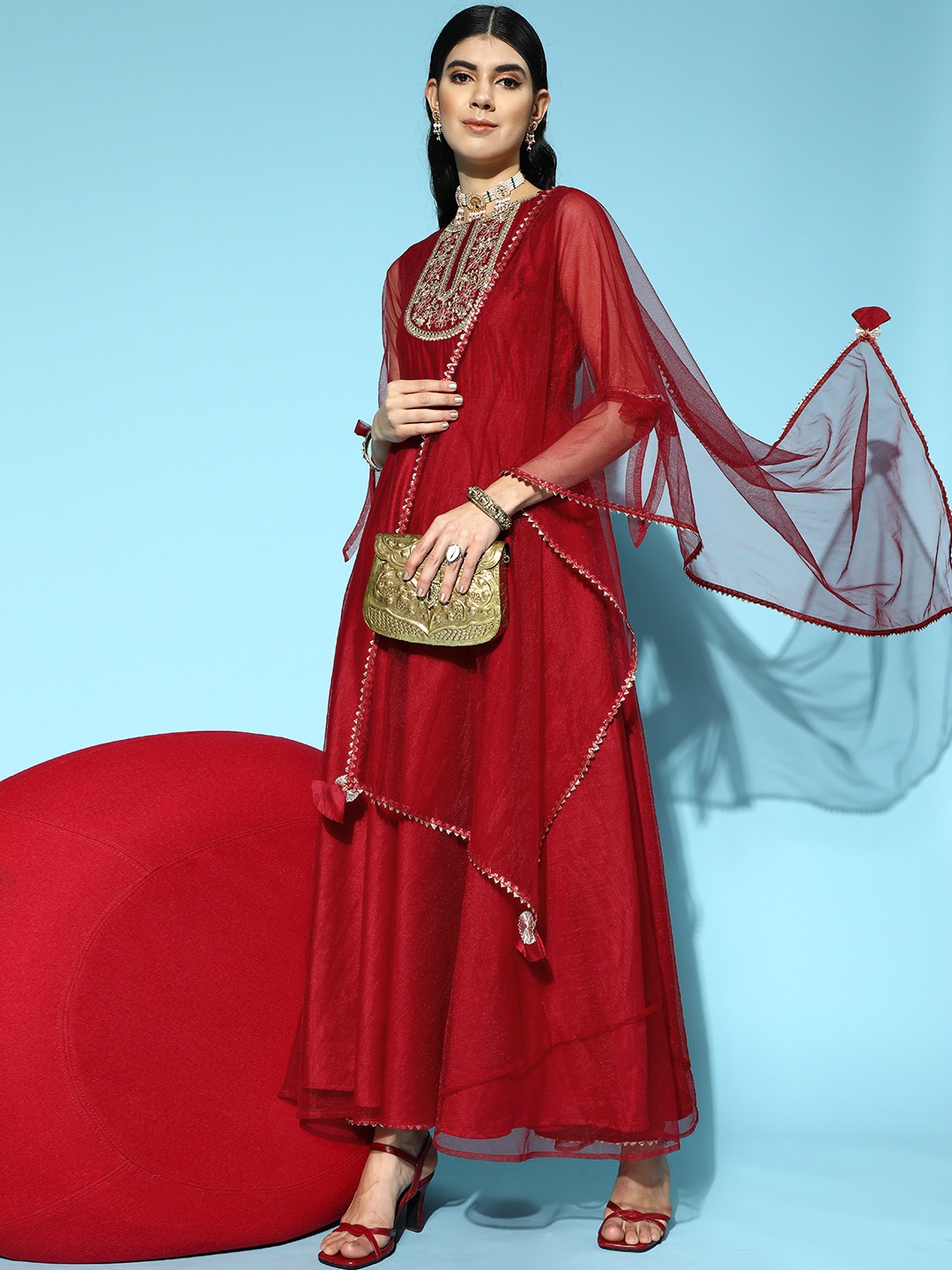 

Indo Era Maroon Liva Swirling Volume Kurta Set