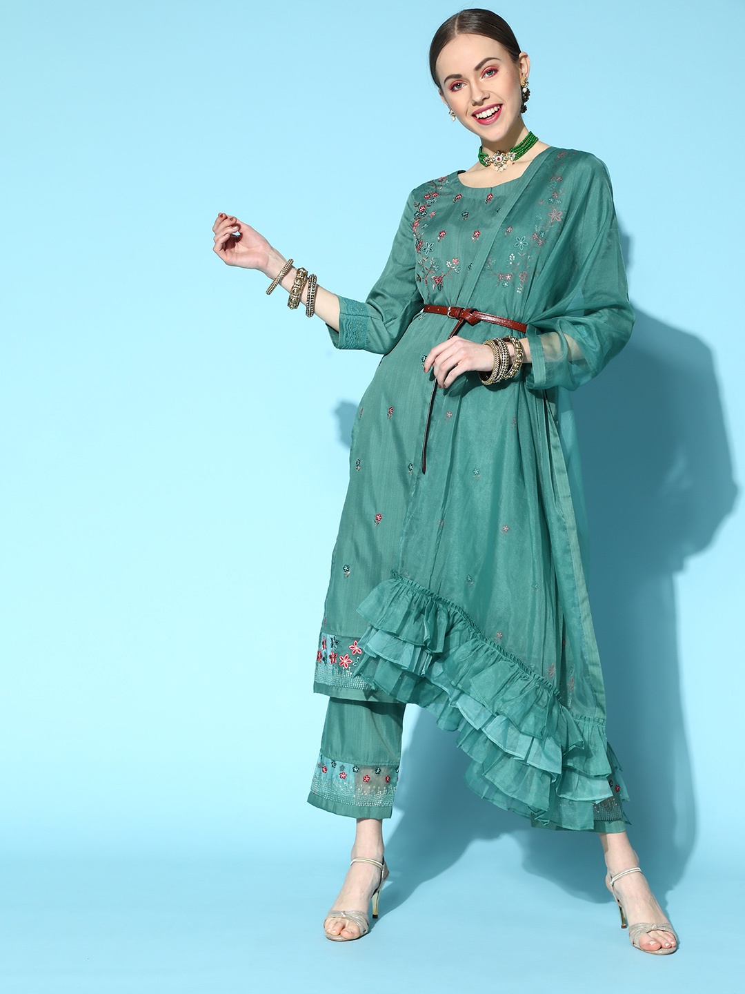 

Indo Era Floral Silk Blend Ethnic Motifs Kurta Set, Sea green