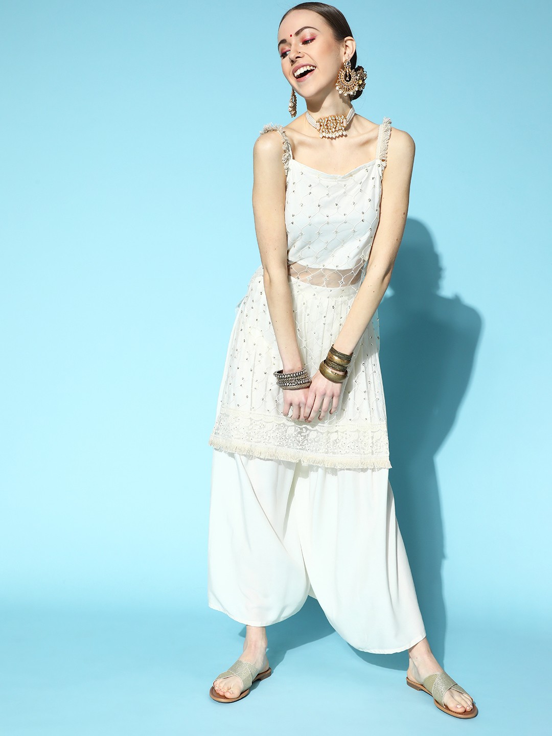 

Indo Era Solid Net Sheer Kurta Set, White