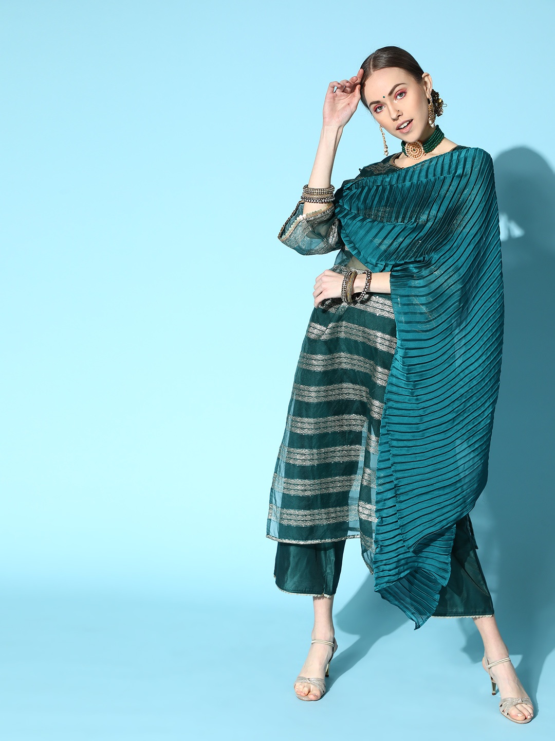 

Indo Era Striped Organza Transparent Touch Kurta Set, Teal