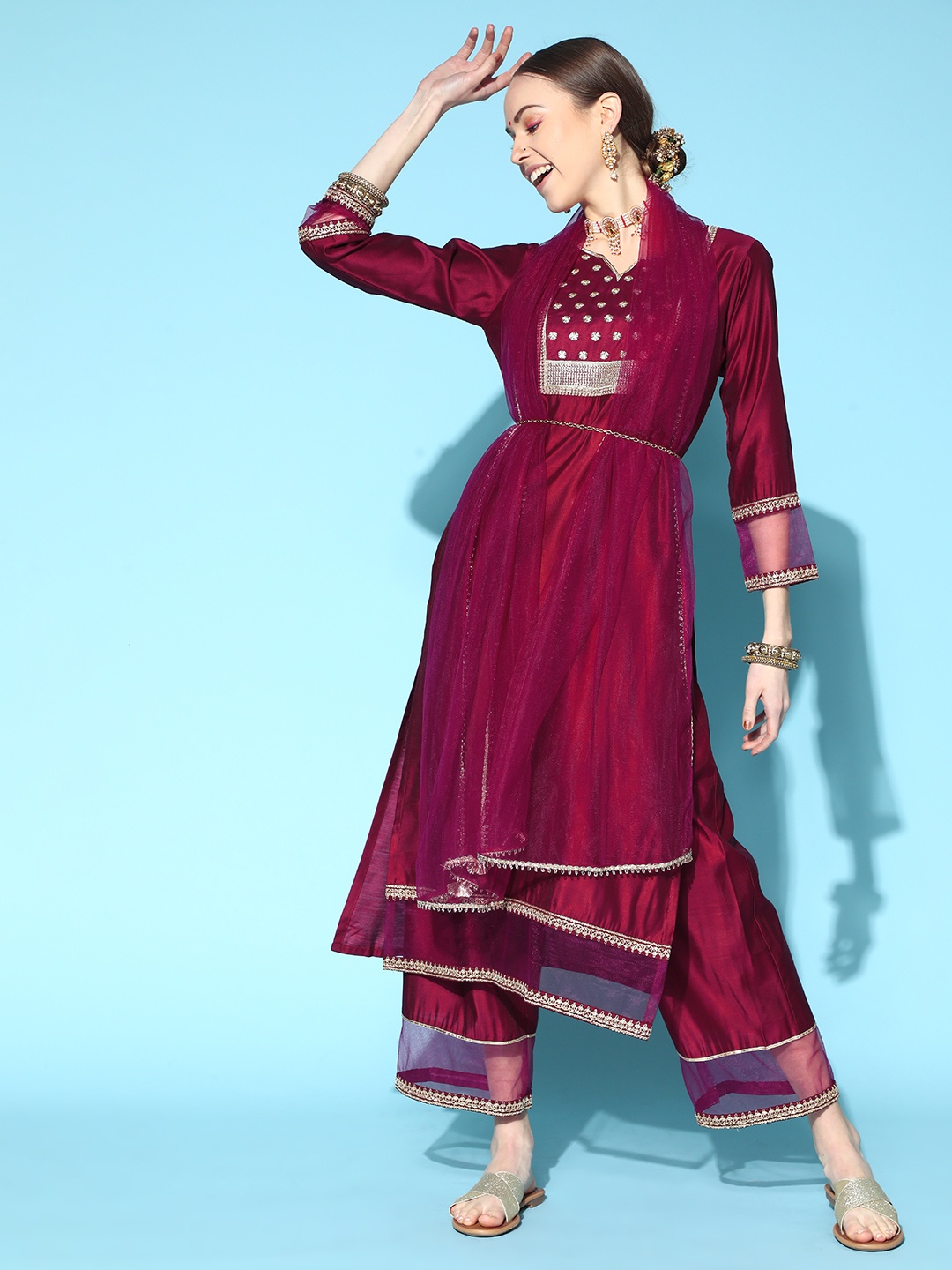 

Indo Era Ethnic Motifs Liva Net Kurta Set, Maroon