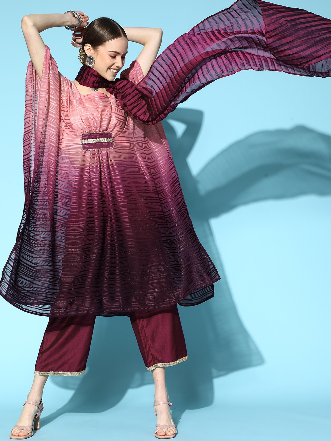 

Indo Era Striped Poly-Georgette Kaftan Kurta Set, Pink