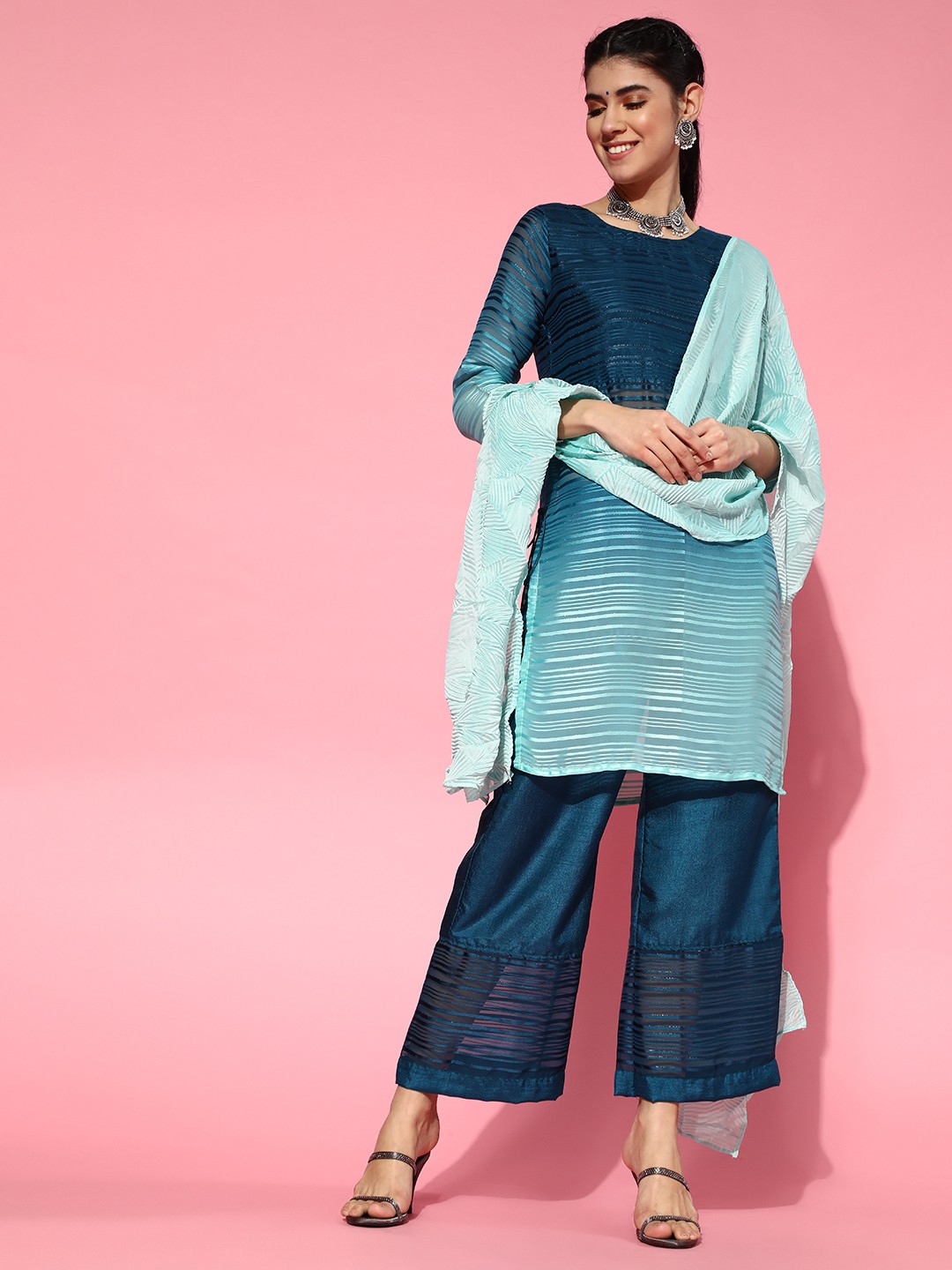 

Indo Era Striped Poly-Georgette Short Kurti with Flared Pants, Blue