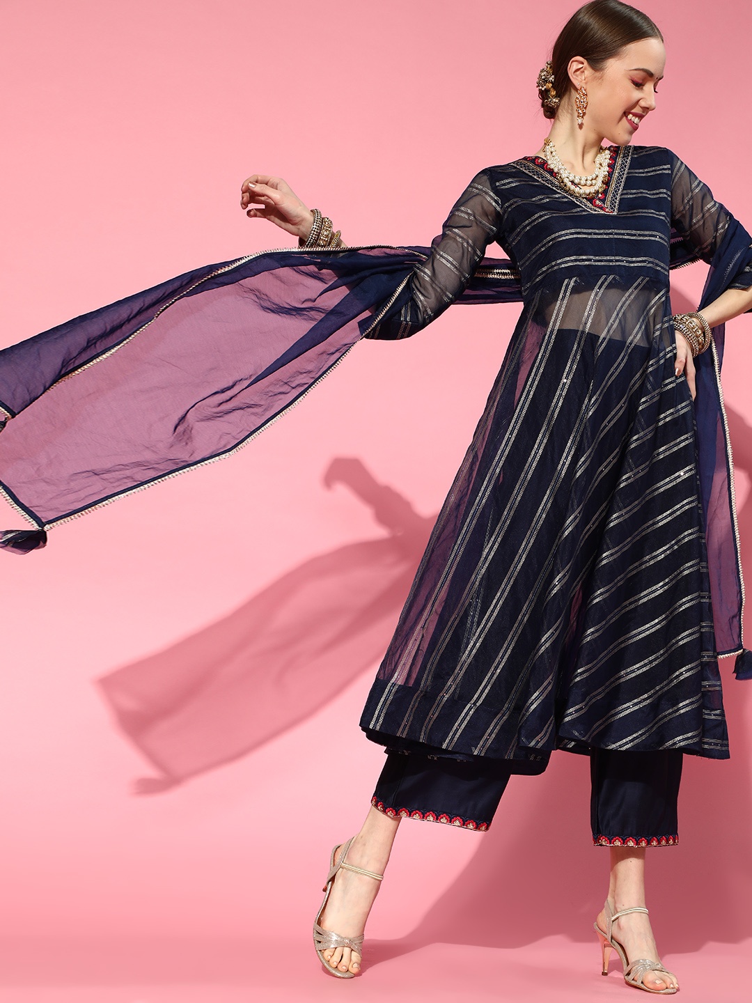 

Indo Era Navy Blue Liva Sheer Kurta Set