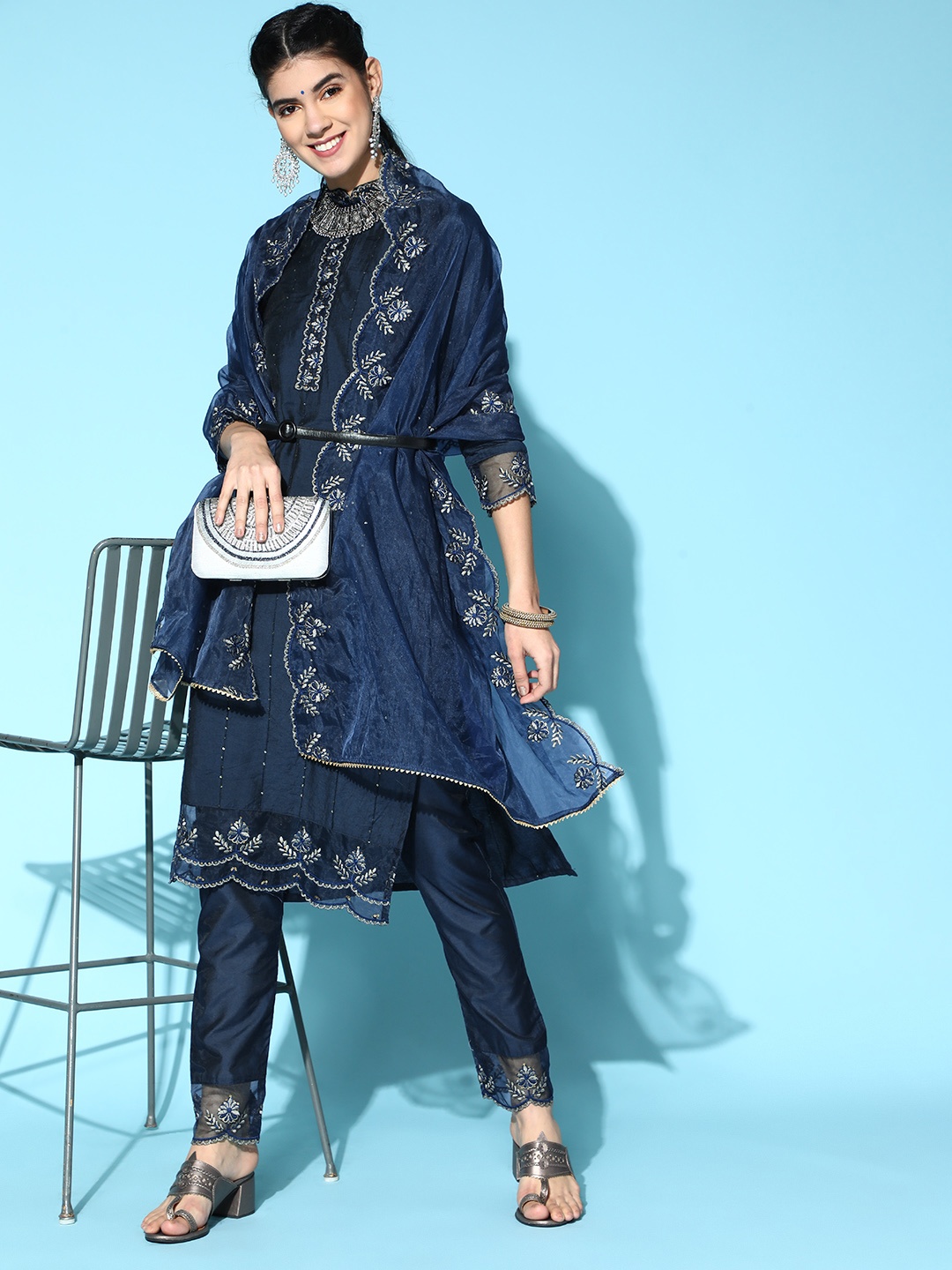 

Indo Era Striped Tussar Silk Net Kurta Set, Navy blue