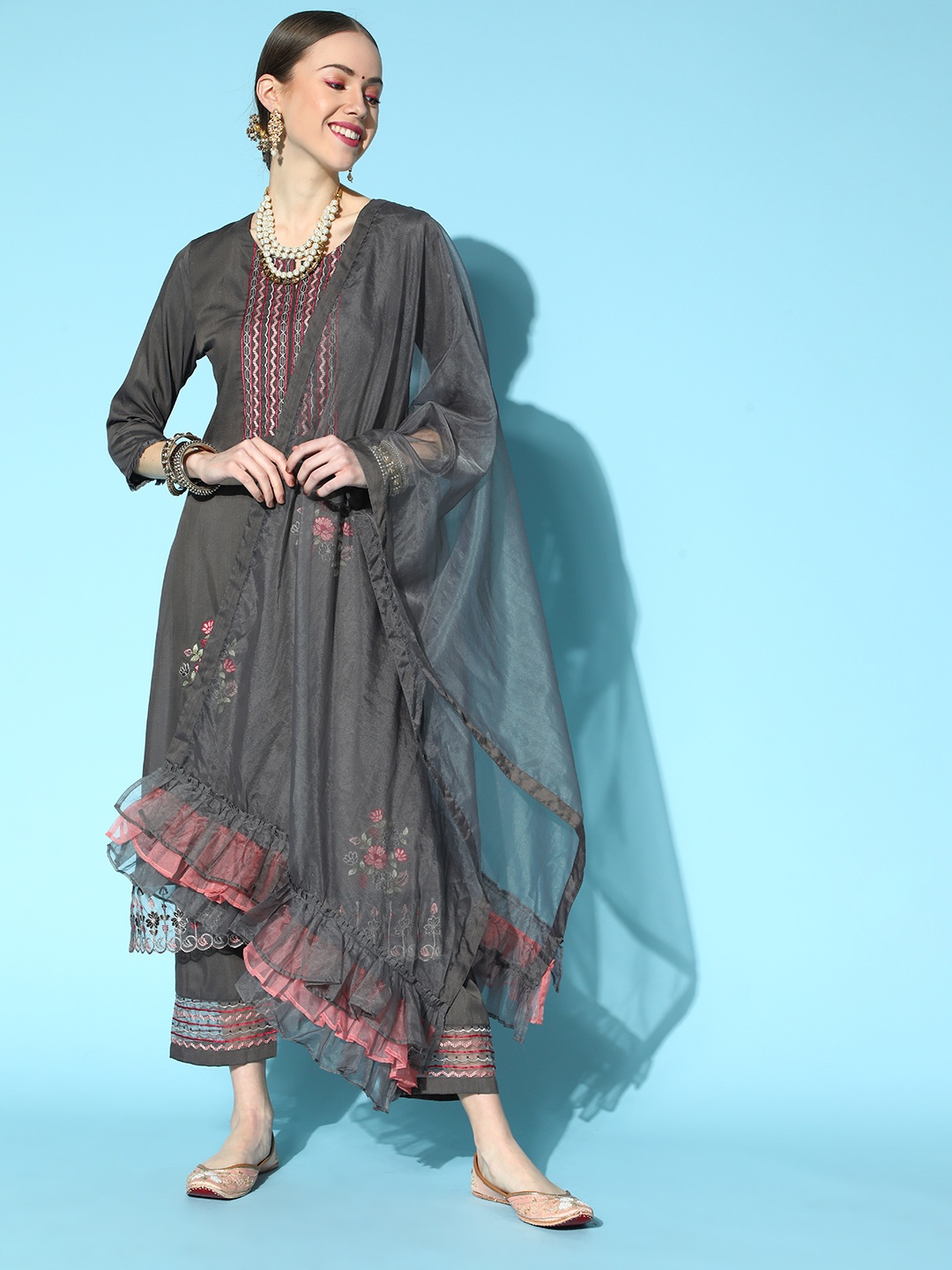 

Indo Era Charcoal Silk Blend Romantic Florals Kurta Set