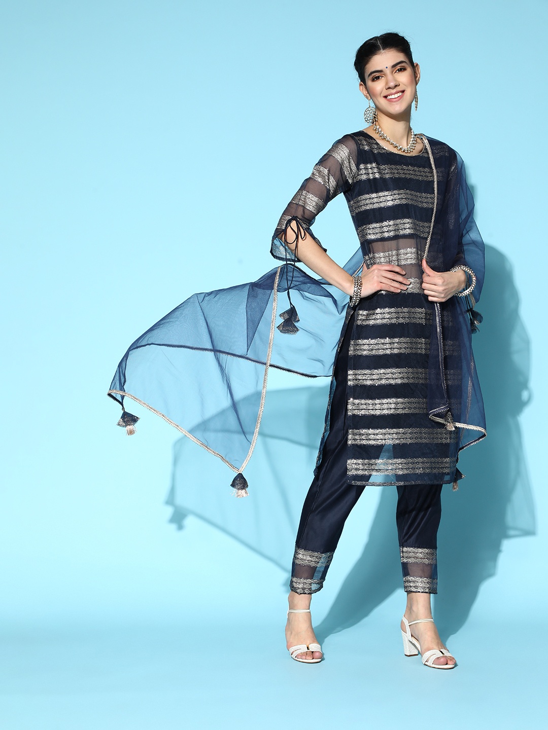 

Indo Era Striped Organza Sheer Kurta Set, Navy blue
