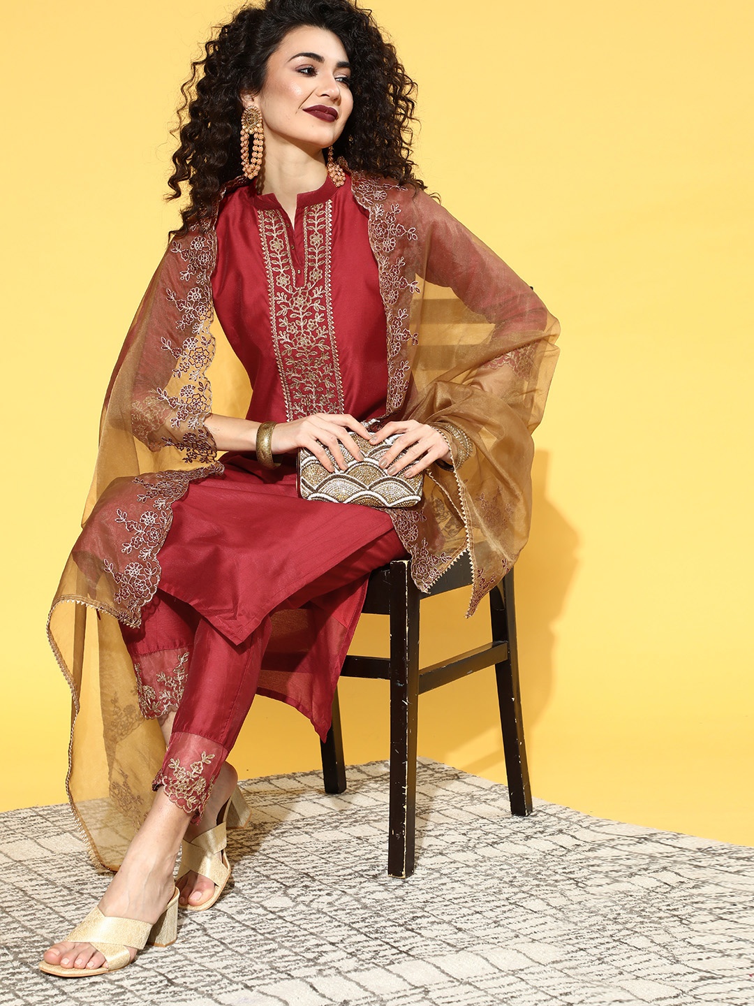 

Indo Era Red Tussar Silk Scalloped Edge Kurta Set