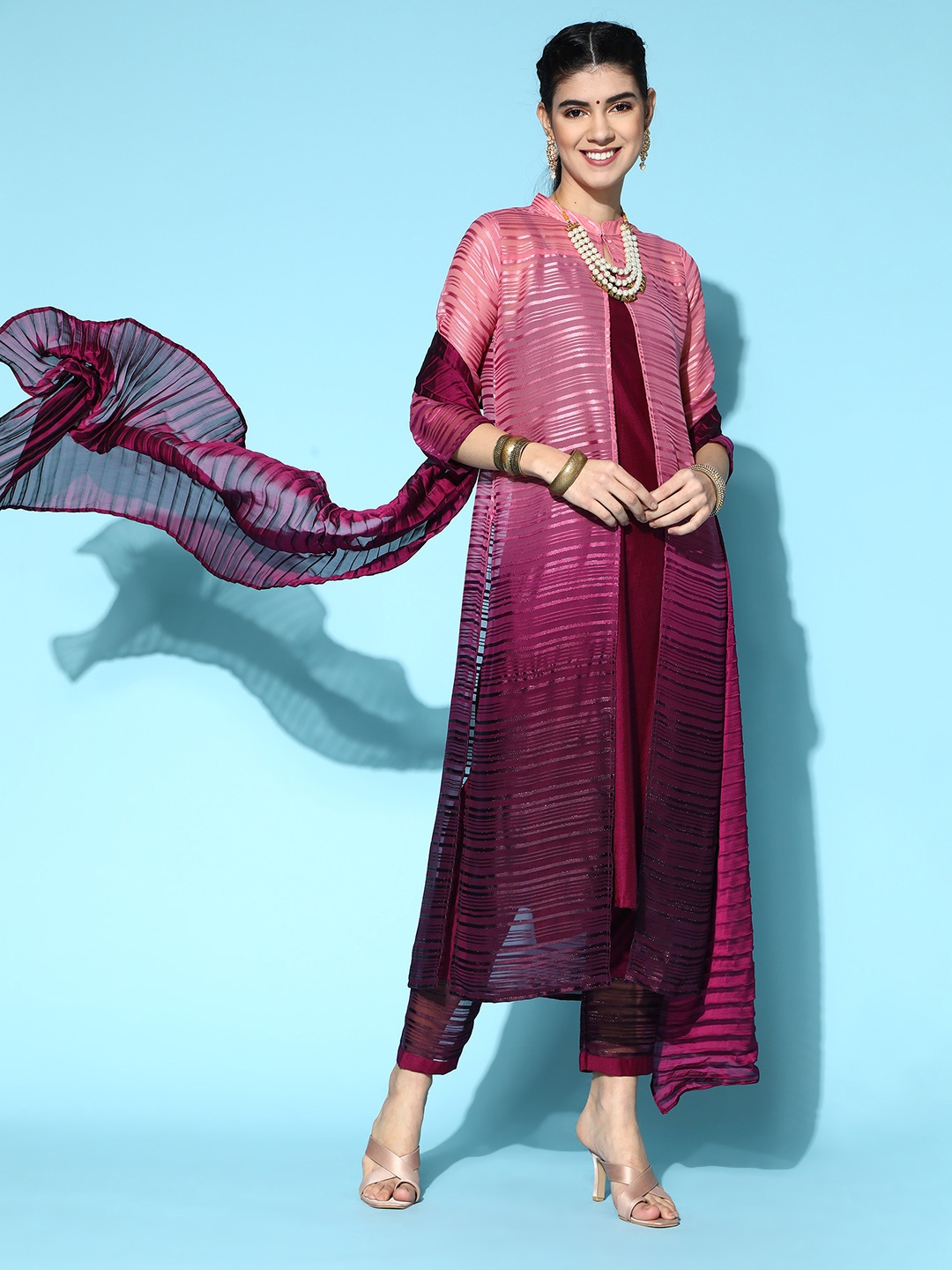 

Indo Era Solid Poly-Georgette Ombre Kurta Set, Maroon