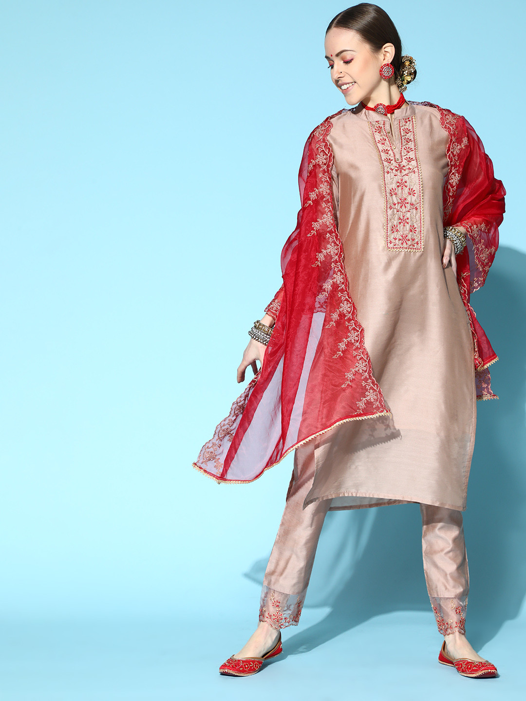 

Indo Era Floral Tussar Silk Net Kurta Set, Beige