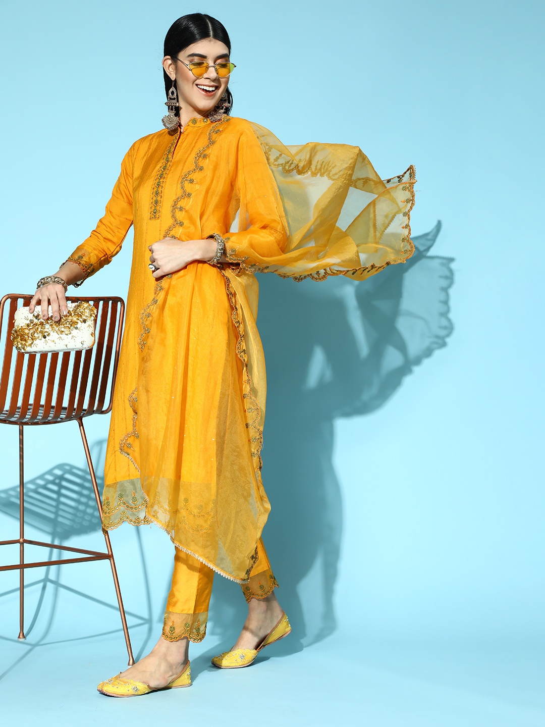 

Indo Era Mustard Tussar Silk Scalloped Edge Kurta Set